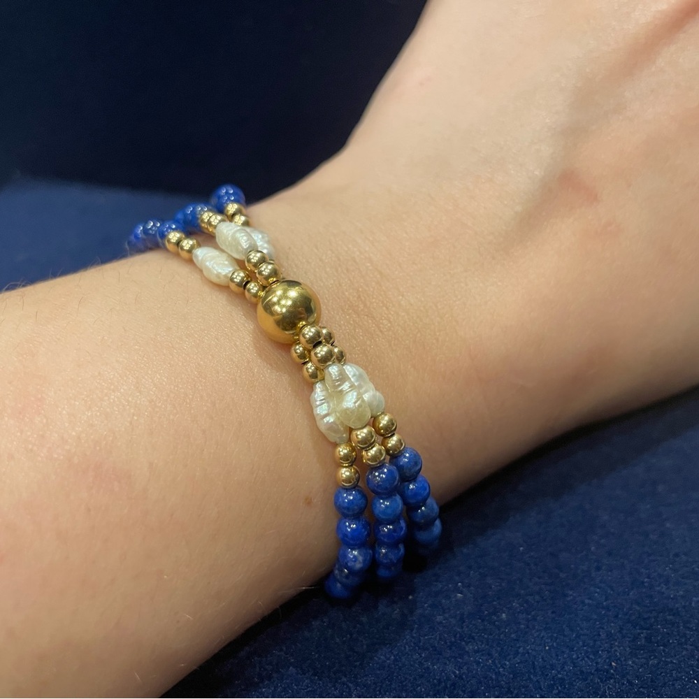 14k gold, pearl and lapis bracelet